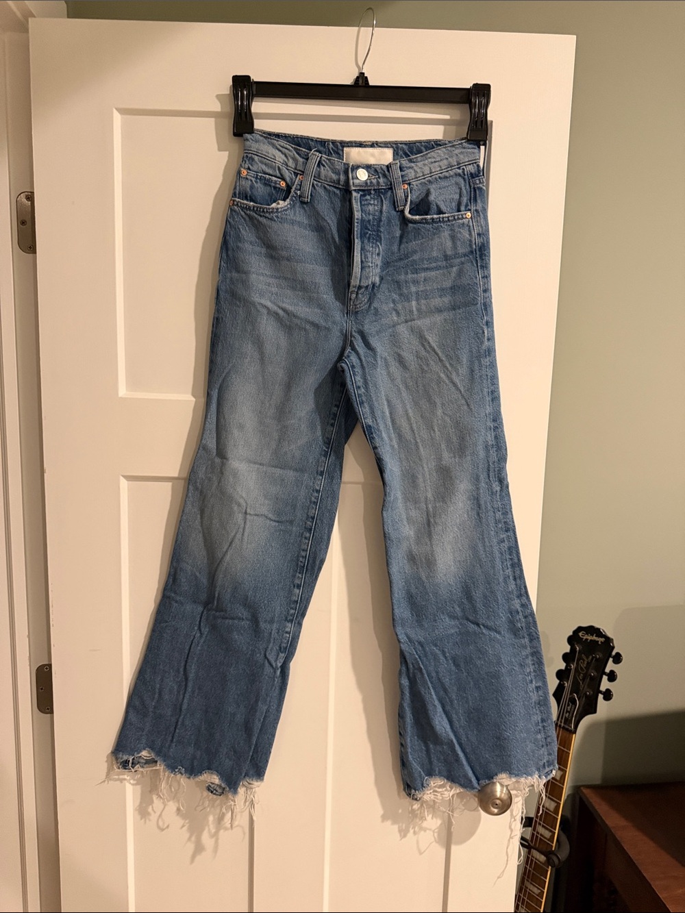 MOTHER Light Wash Frayed-Hem Wide Leg Jeans
